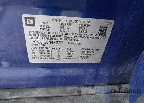 2015 Chevrolet Trax Lt from USA, damaged, VIN 3GNCJRSB4FL206275